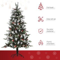 HOMCOM 5FT Artificial Snow Dipped Christmas Tree Xmas Pencil Tree Holiday Home Party Decoration with Foldable Feet Red Berries White Pinecones, Green