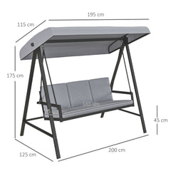 Outsunny Three-Seat Garden Swing Chair, with Adjustable Canopy - Grey