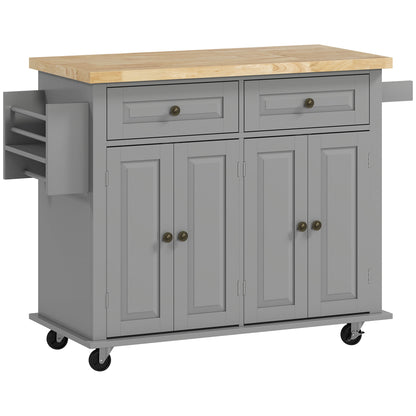 HOMCOM Rolling Kitchen Island Storage Trolley with Rubber Wood Top & Drawers for Dining Room, Grey