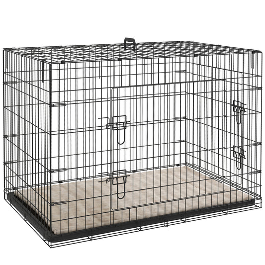 PawHut Foldable Dog Crate with 2 Doors with Tray, Soft Cushion, for Extra and Large Dogs, 105 x 70 x 75, Black