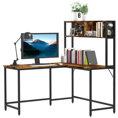 HOMCOM Reversible L Shaped Desk with Hutch, Industrial Computer Desk, Corner Desk with Storage Compartments and Steel Frame for Home Office, Study, 140 x 125cm, Brown