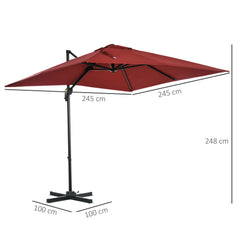 Outsunny 2.5 x 2.5m Patio Offset Parasol Umbrella Cantilever Hanging Aluminium Sun Shade Canopy Shelter 360√Ç¬∞ Rotation with Crank Handle and Cross Base, Wine Red