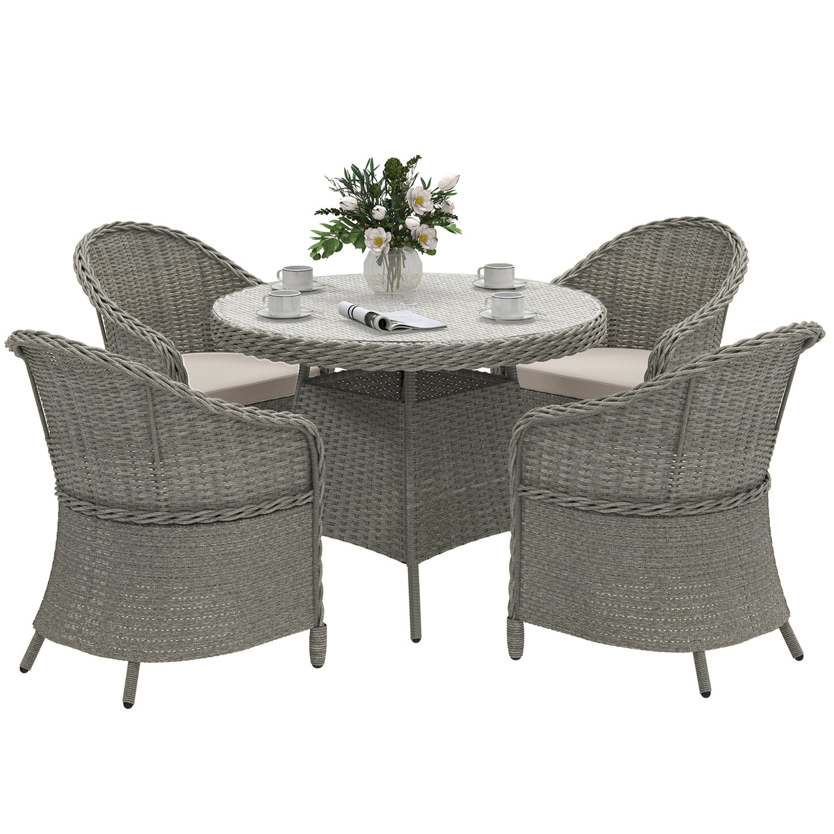 Outsunny 4 Seater Rattan Garden Furniture Set with Cushions, Round PE Rattan Dining Set with Glass-Top Table, Umbrella Hole, Outdoor Garden Table and Chairs, Grey