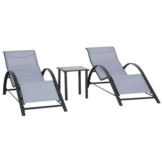 Outsunny 3 Pieces Lounge Chair Set Metal Frame Garden Outdoor Recliner Sunbathing Chair with Table, Light Grey