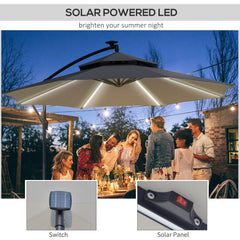 Outsunny 3(m) Cantilever Banana Parasol Hanging Umbrella with Double Roof, LED Solar lights, Crank, 8 Sturdy Ribs and Cross Base for Outdoor, Garden, Patio, Grey