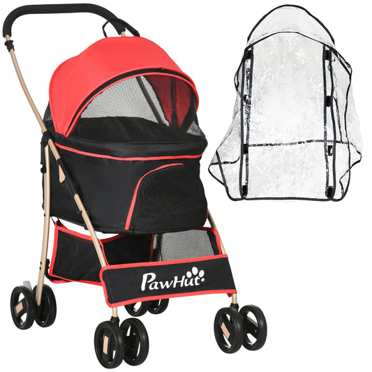 PawHut Detachable Pet Stroller with Rain Cover, 3 In 1 Cat Dog Pushchair, Foldable Carrying Bag w/ Universal Wheels, Brake, Canopy, Basket, Storage Bag for Small and Tiny Dogs - Red