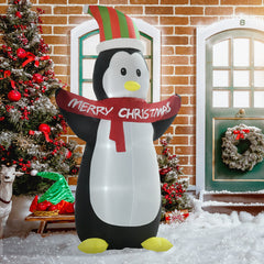 HOMCOM 8ft Inflatable Penguin & Christmas Banner Decoration w/ Inner LED Lights Indoor Outdoor Weather-Resistant Shell Fun Cute