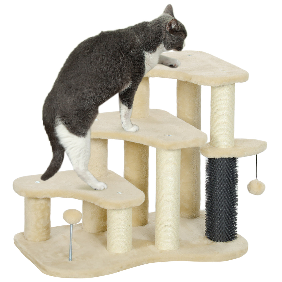 PawHut 2-in-1 Cat Tree, Pet Stairs with Scratching Tickling Post, Toy Balls, for Bed, Sofa, Couch, Beige