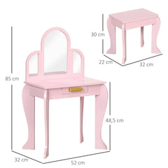 HOMCOM Kids Dressing Table Set, with Mirror and Drawer - Pink