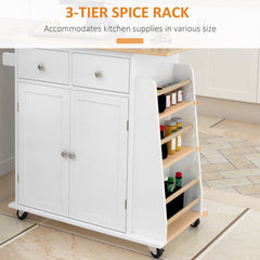 HOMCOM Kitchen Island on Wheels, Mobile Storage Trolley, Rolling Kitchen Cart with Rubber Wood Top, 2-Door Cabinets, 2 Drawers, Adjustable Shelf, 3-Tier Spice Rack, Drawers