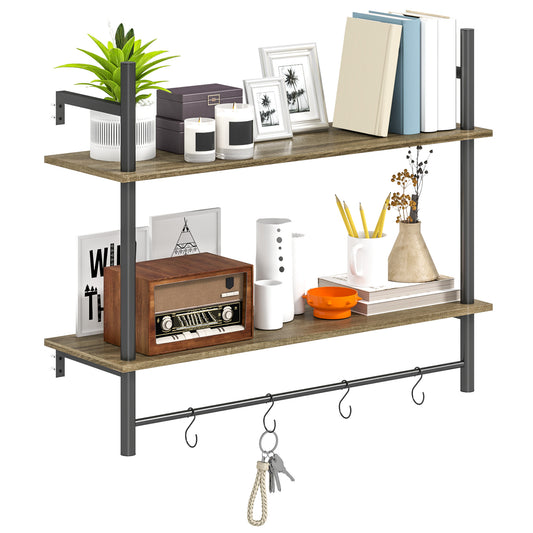 HOMCOM Wall Mounted Floating Shelves with 4 Hooks, Rustic Wall Shelf Unit for Living Room, Entryway, Grey