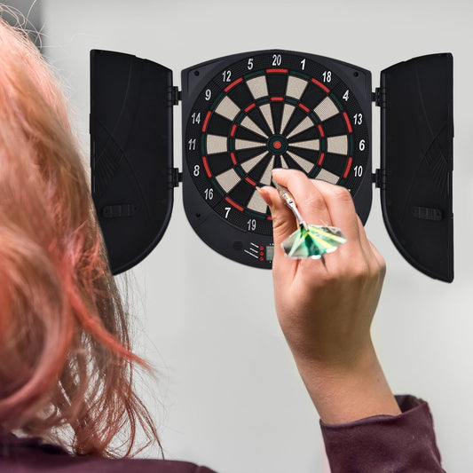 HOMCOM Electronic Dartboard Set 26 Games and 185 Variations with 6 Darts and Cabinet to Stroage Multi-Game Option Ready-to-Play