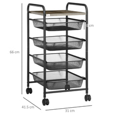 HOMCOM Storage Trolley on Wheels, Rolling Utility Serving Cart with 4 Mesh Trays for Living Room, Kitchen, Black