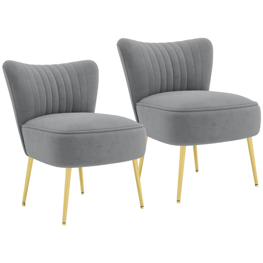 HOMCOM Set of 2 Accent Chairs, Upholstered Living Room Chairs with Gold Tone Steel Legs, Wingback Armless Chairs, Grey