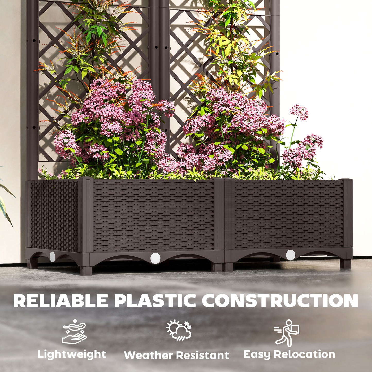 Outsunny Raised Garden Bed with Trellis, Plastic Planter Box with Drainage Holes, Drain Plugs and Water Reservoirs for Climbing Plants, Vegetables, Flowers, Brown