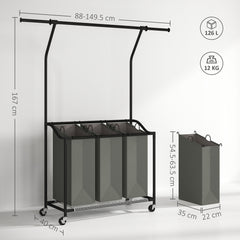 HOMCOM 126L Laundry Sorter, Rolling Wash Basket with Hanging Rail and Mobile 3-Bag Organiser for Bedroom, Bathroom, Laundry Room, 88-149.5L x 40W x 167H cm, Dark Grey