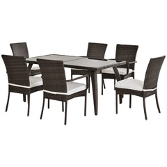 Outsunny 6 Seater Rattan Dining Set with Cushions, Rattan Garden Furniture Set, Outdoor Dining Table and Chairs with 6 Stackable Armchairs, Rectangular Glass Top Table for Patio, Balcony, Brown