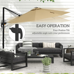 Outsunny 3(m) Adjustable Cantilever Parasol with Base, Solar LED Lights, Khaki