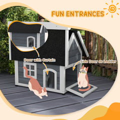 PawHut Outdoor Cat House, Wooden Feral Cat Shelter, with Openable Asphalt Roof, Three Doors - Grey