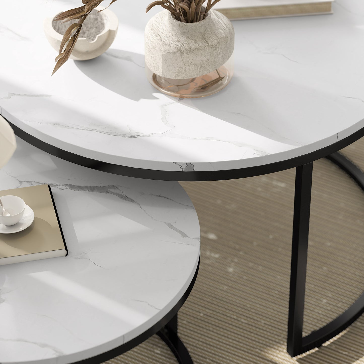 HOMCOM Set of Two Marble-Effect Stacking Tables - Black/White