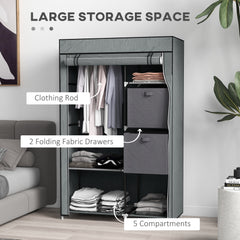 HOMCOM Fabric Wardrobe, Portable Wardrobe, Clothes Storage Unit with 5 Compartments, Hanging Rail and 2 Fabric Drawers, 102 x 42.5 x 162.5cm, Dark Grey