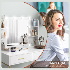 طاولة زينة HOMCOM مع مرآة مضاءة، ومقعد مبطن، وأدراج، وأرفف، ومجموعة مكتب مكياج LED، وطاولة زينة عصرية لغرفة النوم، باللون الأبيض