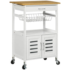 HOMCOM Rolling Kitchen Island Trolley Utility Cart on Wheels with Bamboo Table Top, Storage Cabinet, Drawer and Wire Basket