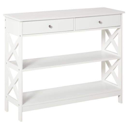 HOMCOM Console Table Side Desk w/ Shelves Drawers Open Top X Support Frame Living Room Hallway Home Office Furniture White