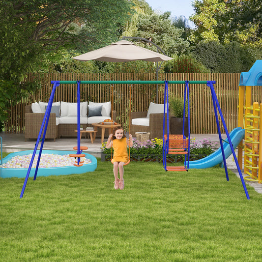 Outsunny Three-In-One Kids Metal Swing Set with Swing, Glider, Rocking Chair Swing, for Ages 3+ years - Orange and Blue