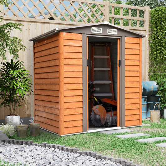 Outsunny 6.5 x 5ft Metal Garden Shed, House Hut Gardening Tool Storage with Ventilations, Sliding Door, Sloped Roof and Foundation Kit for Garden, Patio, Brown