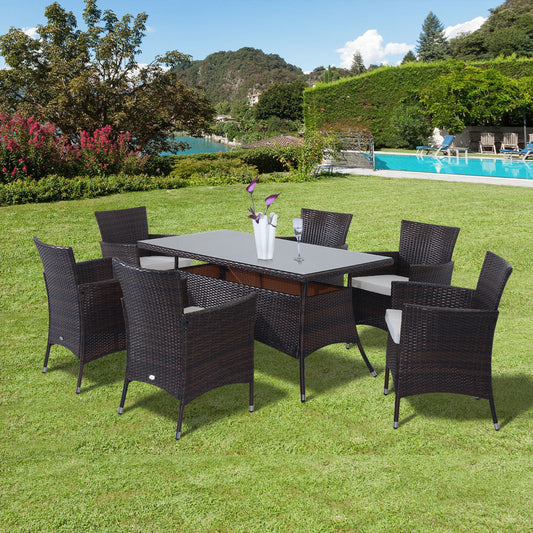 Outsunny 6 Seater Rattan Dining Set with Cushions, Rattan Garden Furniture Set with 6 Armchairs, Rectangular Glass Top Table, Outdoor Dining Table and Chairs, Brown