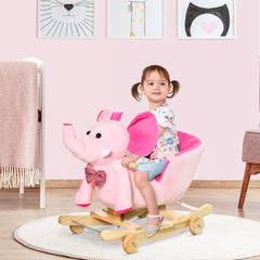 HOMCOM 2 In 1 Plush Baby Ride on Rocking Horse Elephant Rocker with Wheels Wooden Toy for Kids 32 Songs for 18+ Months (Pink)