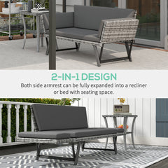 Outsunny 2 Seater Rattan Sofa with Cushions, 2-in-1 PE Rattan Daybed Sofa with Left Up or Down Armrests, Garden Chaise Lounger Loveseat for Outdoor, Patio, Mixed Grey