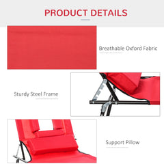 Outsunny Foldable Outdoor Sun Lounger Adjustable Backrest Reclining Chair with Pillow and Reading Hole Garden Beach, Red