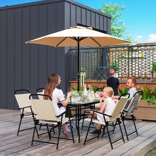 Outsunny 8 Pieces Garden Dining Set with Umbrella, Patio Sets with Parasol with 6 Foldable Chairs, Glass Top Table, and Sun Parasol, Beige