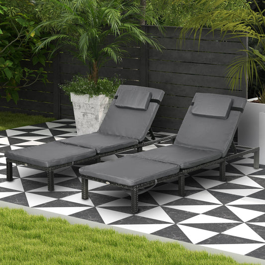 Outsunny Set of Two Reclining Rattan Sun Loungers, with Cushions - Grey