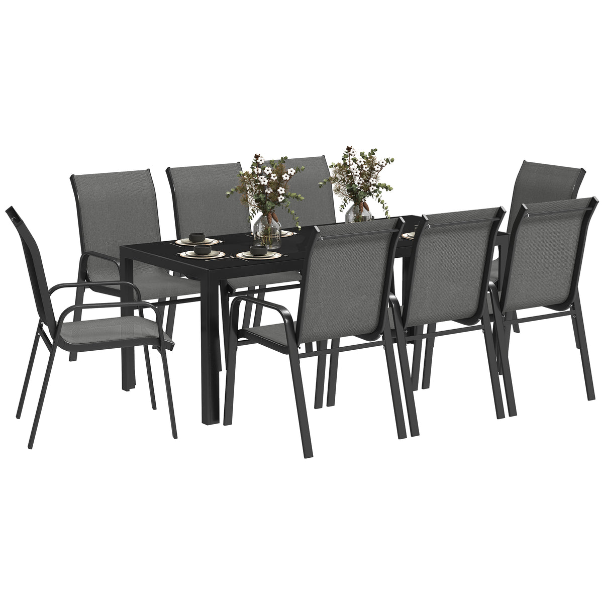 Outsunny 8 Seater Garden Dining Set with Stacking Chairs, Rectangular Tempered Glass Top, Garden Furniture Set, Outdoor Dining Table and Chairs for Patio, Balcony, Poolside, Dark Grey