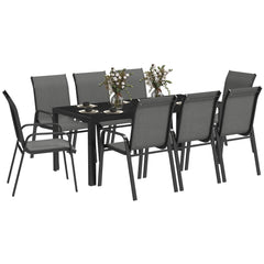 Outsunny 8 Seater Garden Dining Set with Stacking Chairs, Rectangular Tempered Glass Top, Garden Furniture Set, Outdoor Dining Table and Chairs for Patio, Balcony, Poolside, Dark Grey