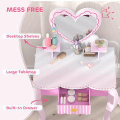 AIYAPLAY Kids Dressing Table Set, Vanity Table with Stool, Mirror, Drawer, Desktop Storage, Heart Theme, Pink