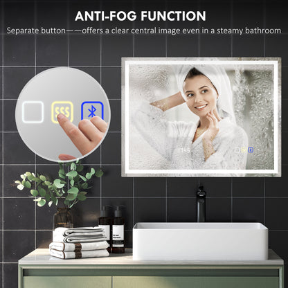مرآة حمام HOMCOM مقاس 60 × 80 سم مضادة للضباب مزودة بإضاءة LED، مع بلوتوث وساعة - لون فضي