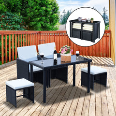 Outsunny 2 Seater Rattan Cube Garden Furniture Set, Rattan Dining Set with Cushions, Outdoor Dining Table and Chairs with 2 Armchairs, 2 Stools, Rectangular Glass Top Table for Patio, Balcony, Black