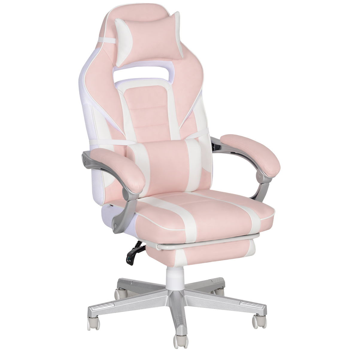 HOMCOM Faux Leather Reclining Gaming Chair, with Footrest - Pink/White