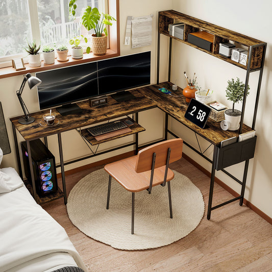 HOMCOM 160cm Reversible L Shaped Desk with Power Outlet, Industrial Corner Desk with Storage Shelves and Keyboard Tray, 240cm Long Computer Desk for 2 Person, Rustic Brown