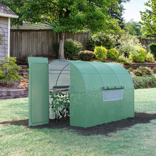 Outsunny Large Polytunnel Walk In Greenhouse, Plant Gardening Tunnel Green House with Metal Hinged Door, Galvanised Steel Frame & Mesh Windows, Green (3 x 2 m)