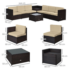 Outsunny 6-Seater Rattan Sofa Furniture Set W/Cushions, Steel Frame-Brown