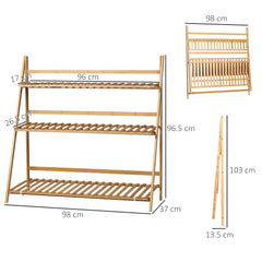 حامل نباتات مكون من 3 طبقات من Outsunny، رف نباتات، حامل عرض من الخيزران قابل للطي، 98x37x96.5 سم، طبيعي