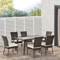 Outsunny 6 Seater Rattan Dining Set with Cushions, Rattan Garden Furniture Set, Outdoor Dining Table and Chairs with 6 Stackable Armchairs, Rectangular Glass Top Table for Patio, Balcony, Brown