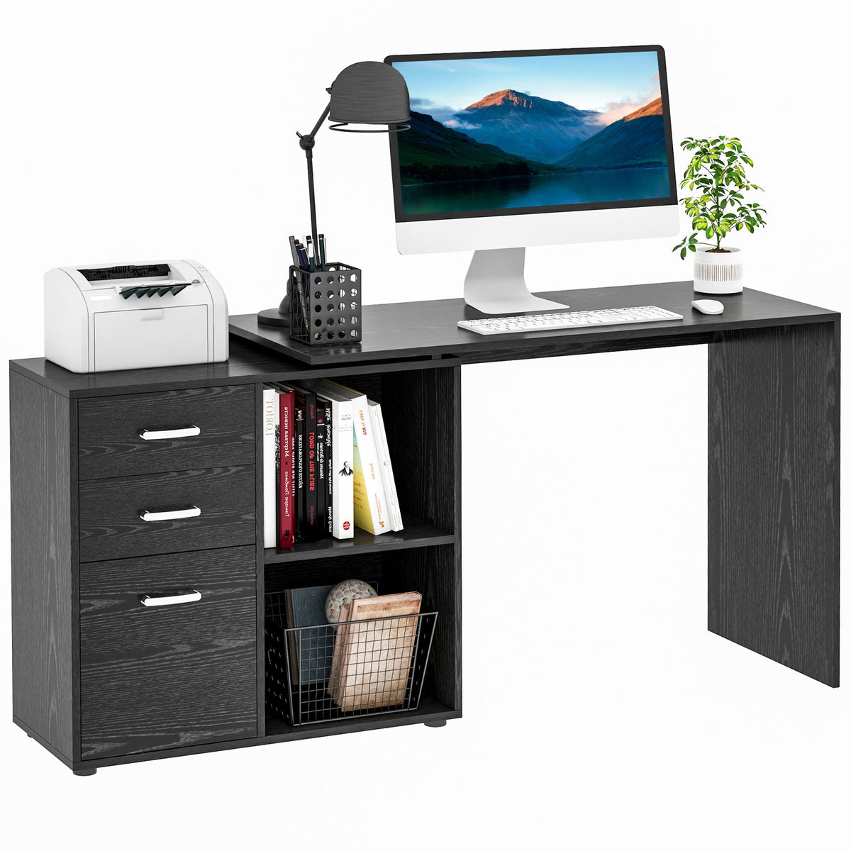 HOMCOM L Shaped Computer Desk, Reversible Home Office Desk with Drawers, File Cabinet and Storage Shelves, Study Table, 117 x 83.5 x 76cm, Black