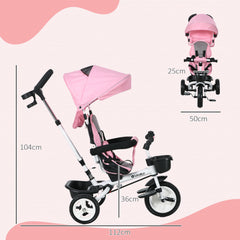 HOMCOM Metal Frame 6 in 1 Baby Push Tricycle with Parent Handle for 1-5 Years Old, Pink