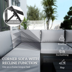 Outsunny 4 Pieces Patio Garden Set with 5-Level Recline Corner Sofa, Outdoor Garden Lounge Sectional Conversation Sofa Set with Cushions, Wood Grain Plastic Table, Black Frame Light Grey Cushion